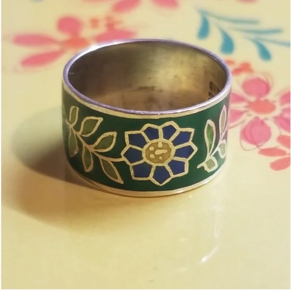 TRADED-Vintage Sterling Enameled Floral Ring - Picture 1 of 7